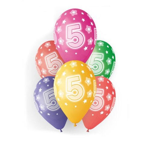 A pack of 6 13 inch Age 5 Cosmic Stars Latex Balloons, manufactured by Gemar.