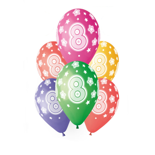 A pack of 6 13 inch Age 8 Cosmic Stars Latex Balloons, manufactured by Gemar.