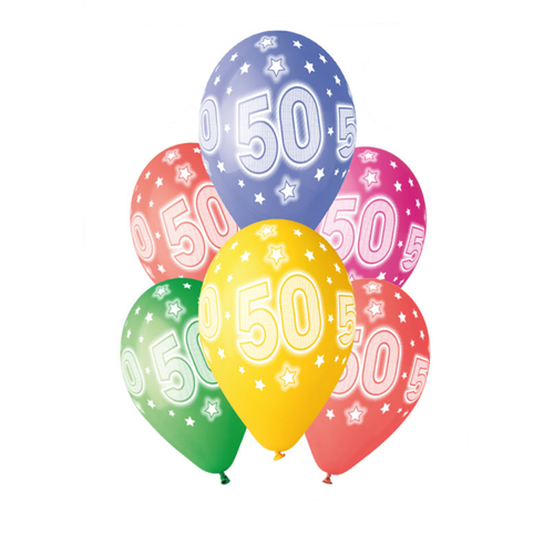 A pack of 6 13 inch Age 50 Cosmic Stars Latex Balloons, manufactured by Gemar.