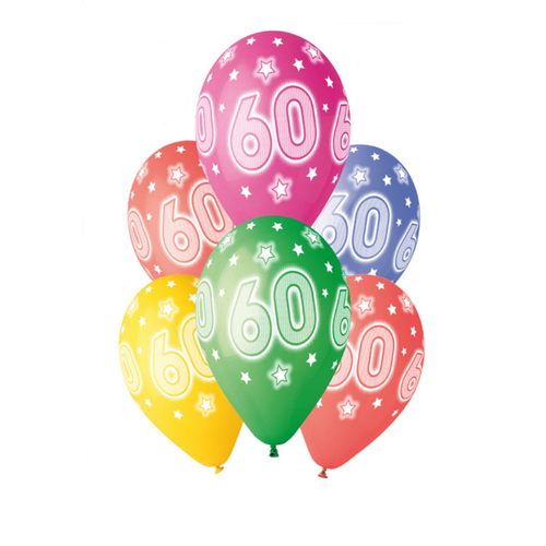 A pack of 6 13 inch Age 60 Cosmic Stars Latex Balloons, manufactured by Gemar.