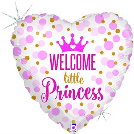 A heart-shaped 18 inch Welcome Little Princess Foil Balloon, manufactured by Betallic.