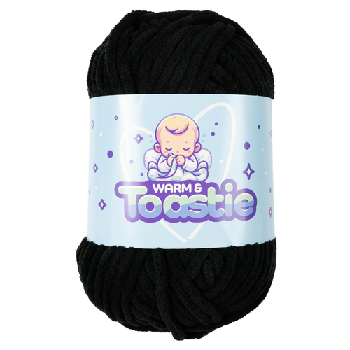 A 200g ball of Warm & Toastie Super Chunky Black Polyester Yarn, manufactured by King Cole.