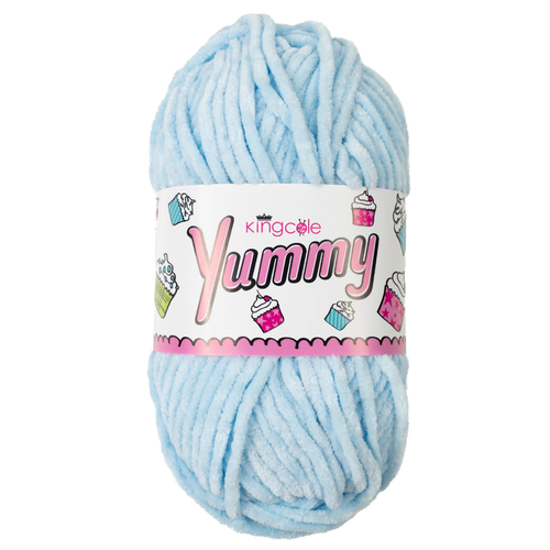 A 100g ball of Yummy Chunky Sky Polyester Yarn, manufactured by King Cole.
