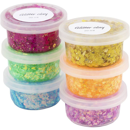 A pack of 6 Glitter Clay Happy Colour Assortment.
