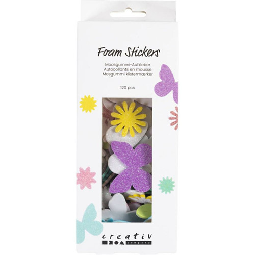 A pack of Butterflies & Flowers Foam Stickers, containing 120 stickers.