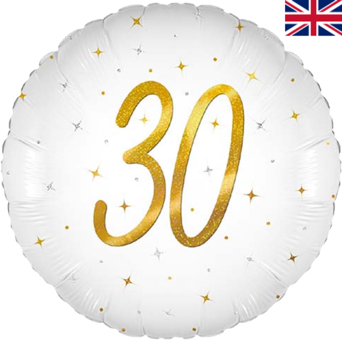 An 18 inch Age 30 White Elegant Sparkle Holographic Foil Balloon, manufactured by Oaktree.