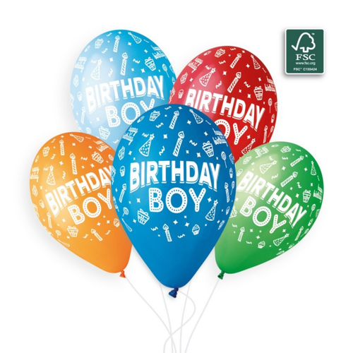 A pack of 25 13 inch Birthday Boy Latex Balloons, manufactured by Gemar.