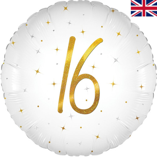 An 18 inch Age 16 White Elegant Sparkle Holographic Foil Balloon, manufactured by Oaktree.