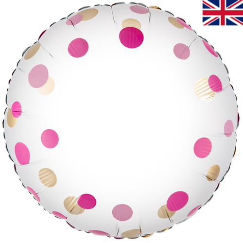 An 18 inch Pink & Gold Confetti Metallic Round Foil Balloon, manufactured by Oaktree.