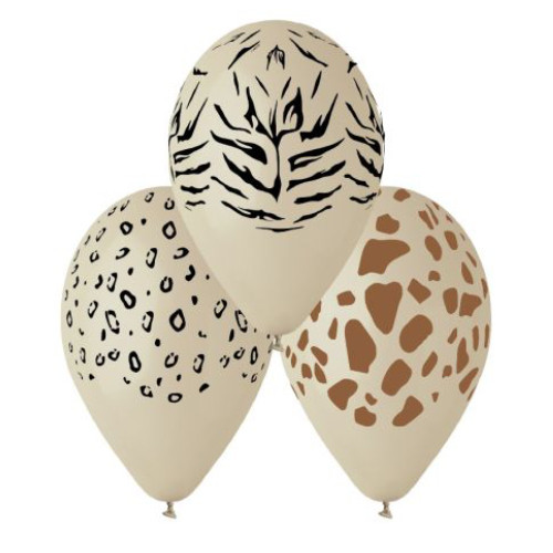 A pack of 25 13 inch Giraffe Print Latte Latex Balloons, manufactured by Gemar.