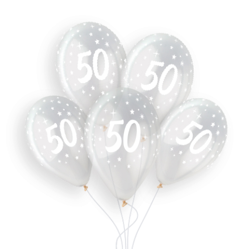 A pack of 25 13 inch Age 50 Crystal Clear Latex Balloons, manufactured by Gemar.