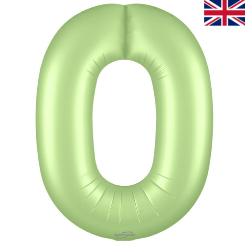 A 34 inch Satin Pastel Pistachio Number 0 Foil Balloon, manufactured by Oaktree.