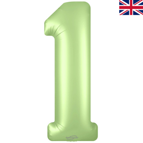 A 34 inch Satin Pastel Pistachio Number 1 Foil Balloon, manufactured by Oaktree.