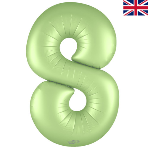 A 34 inch Satin Pastel Pistachio Number 8 Foil Balloon, manufactured by Oaktree.