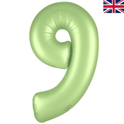 A 34 inch Satin Pastel Pistachio Number 9 Foil Balloon, manufactured by Oaktree.