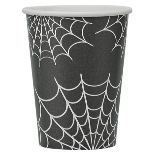 A pack of 8 Black Spider Web Paper Cups, manufactured by Hootyballoo.