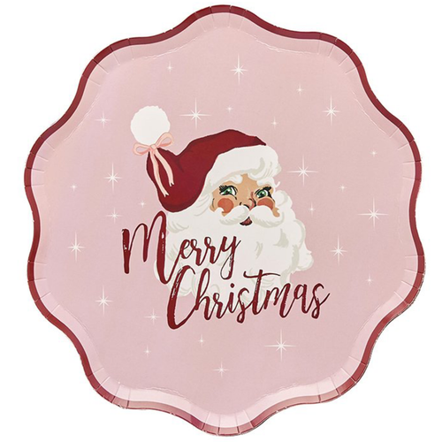 A pack of 8 Vintage Santa Paper Plates, manufactured by Hootyballoo.