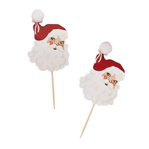 A pack of 12 Vintage Santa Pom Pom Food Picks, manufactured by Hootyballoo.