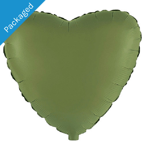 An 18 inch Matte Olive Green Heart Foil Balloon.