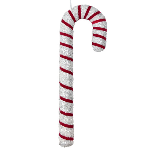 A 52cm red and white sparkle candy cane hanging decoration.