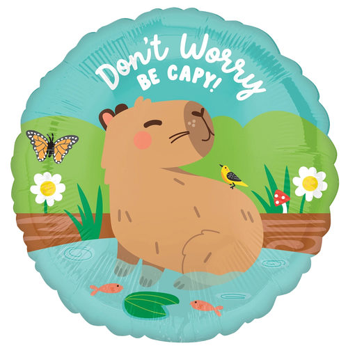 An 18 inch Don't Worry Be Capy Capybara Craze Foil Balloon, manufactured by Anagram.