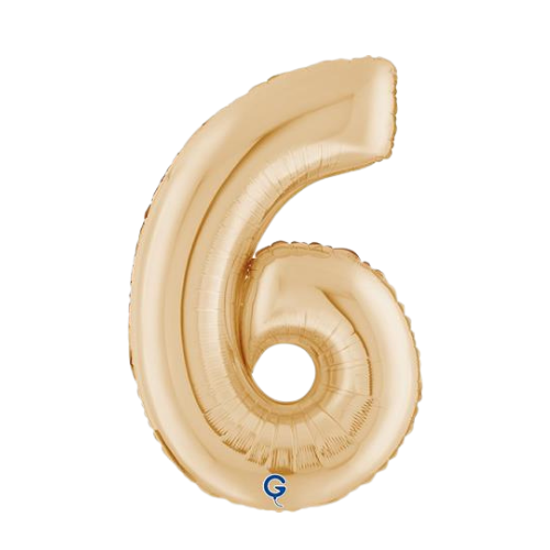 A 26 inch White Gold Number 6 Foil Balloon, manufactured by Grabo