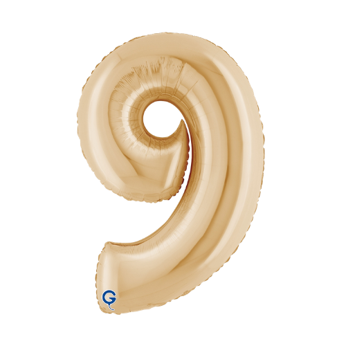 A 26 inch White Gold Number 9 Foil Balloon, manufactured by Grabo