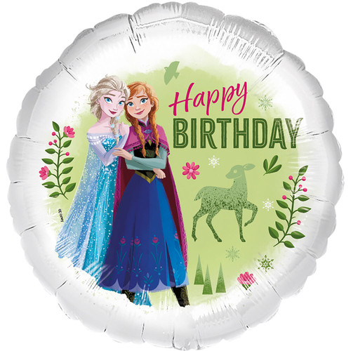 An 18 inch Frozen Anna and Elsa happy birthday foil balloon, manufactured by Folat.