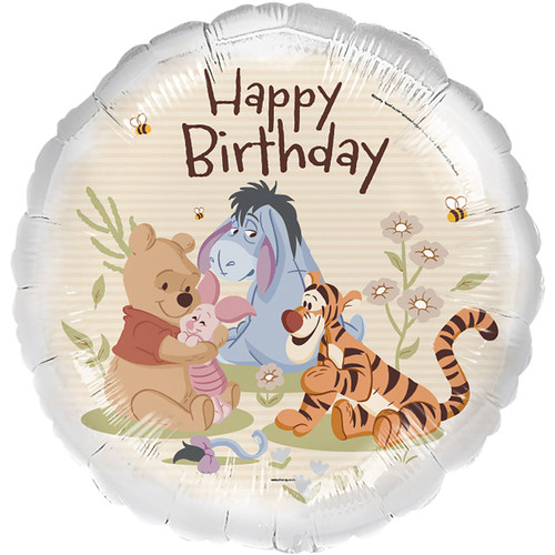 An 18 inch Winnie the Pooh and friends happy birthday foil balloon, manufactured by Folat.