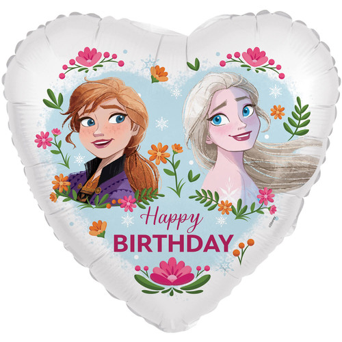 A 19 inch Frozen Anna and Elsa happy birthday heart foil balloon, manufactured by Folat.