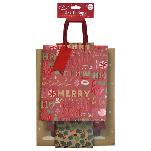 A set of 3 Christmas Festive Kraft Assorted Gift Bags.