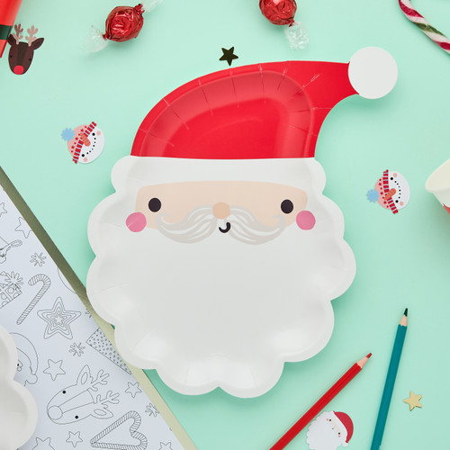 A pack of 8 Santa Shaped Paper Plates.