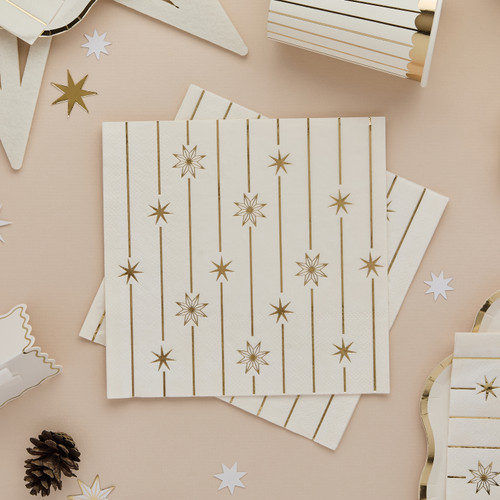 A pack of 16 White & Gold Star & Stripe Paper Napkins.