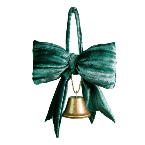 A Dark Green Hanging Velvet Bow with Bell.