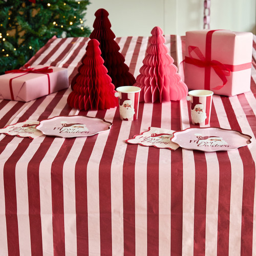 A Pink & Red Stripe Paper Tablecloth.