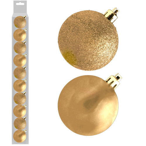A set of 10 6cm gold assorted baubles.