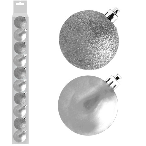A set of 10 6cm silver assorted baubles.
