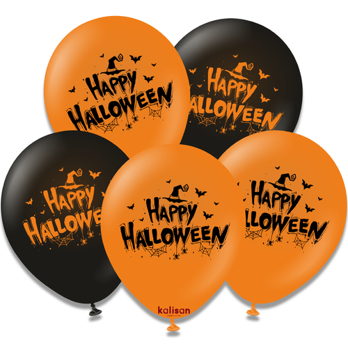 A pack of 25 12 inch Happy Halloween Latex Balloons, manufactured by Kalisan.