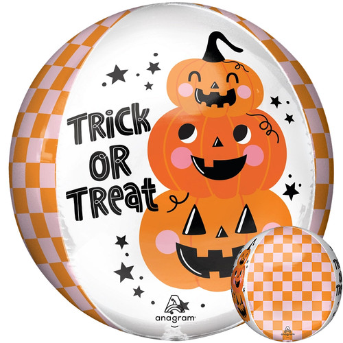 A 16 inch Orbz trick or treat stack o lanterns foil balloon, manufactured by Anagram.