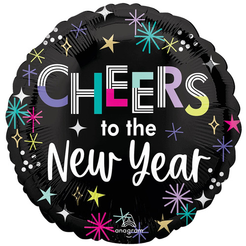 An 18 inch cheers to the New Year mid-century sparkle foil balloon, manufactured by Anagram.