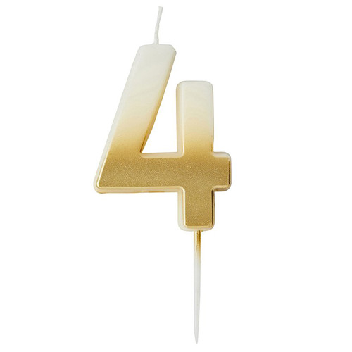 A 6.2cm Gold Ombre Number 4 Candle, manufactured by Hootyballoo.