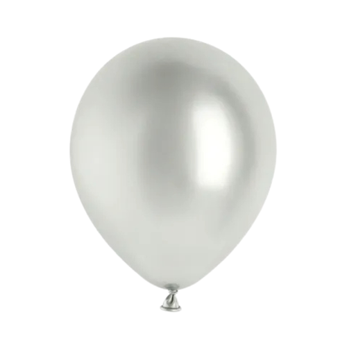 A pack of 50 5" Glossy Silver Latex Balloons, manufactured by PartyDeco.