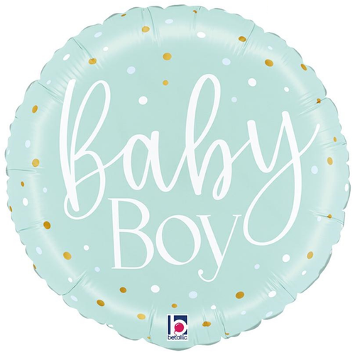 An 18 inch Baby Boy Blue Dots Round Foil Balloon, manufactured by Betallic.