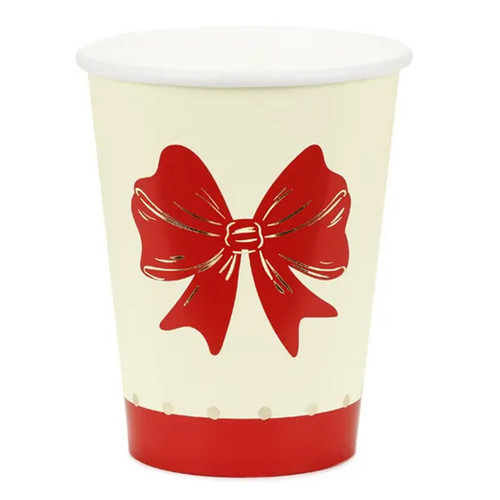 A pack of 6 Red & Beige Bow Paper Cups, manufactured by Partydeco.