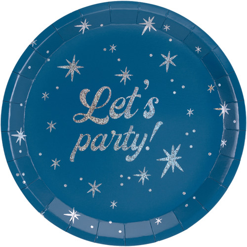 A pack of 6 blue paper plates with a 'Let's Party' message, manufactured by PartyDeco.