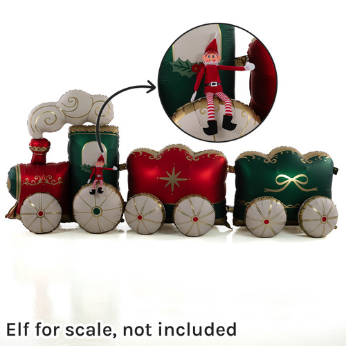 An 87 inch standing train foil balloon, manufactured by PartyDeco.