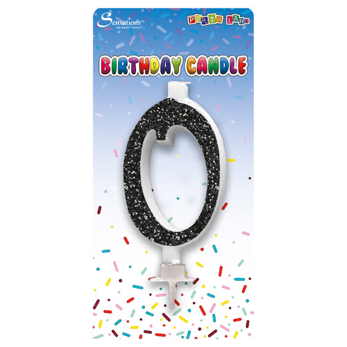 A 6cm black glitter number 0 candle, manufactured by Sensations.