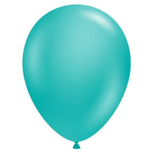 A pack of 50 11" teal latex balloons, manufactured by Tuftex.
