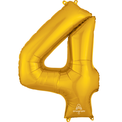 A 34 inch Anagram Gold Number 4 Foil Balloon, manufactured by Anagram. A 34 inch Anagram Gold Number 4 Foil Balloon, manufactured by Anagram.