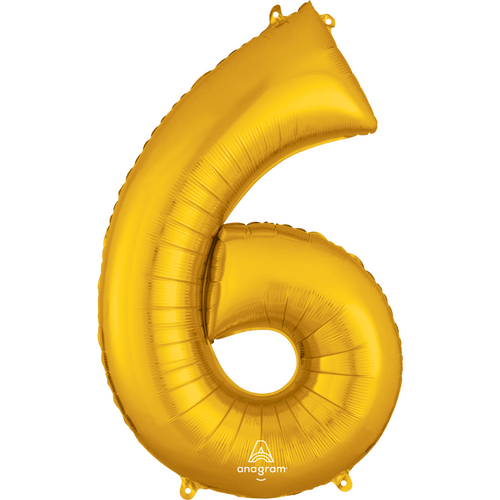 A 34 inch Anagram Gold Number 6 Foil Balloon, manufactured by Anagram. A 34 inch Anagram Gold Number 6 Foil Balloon, manufactured by Anagram.